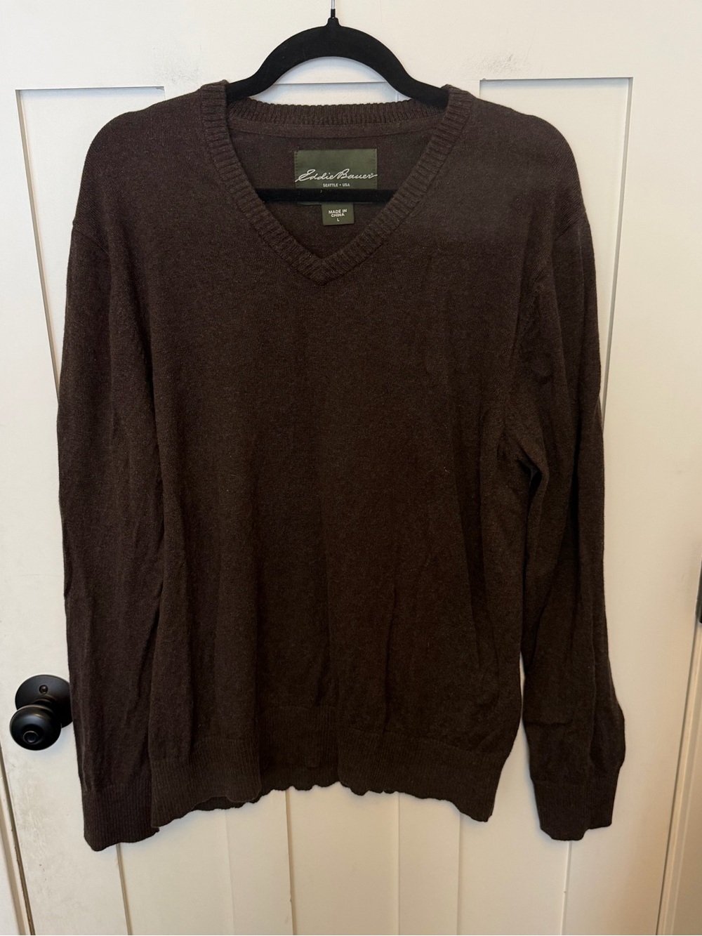 Eddie Bauer Cotton Cashmere Blend V-Neck Chocolate Brown Pullover Sweater Size L